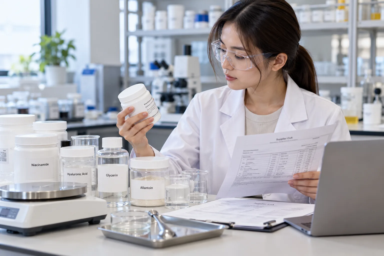 Cosmetic chemist checking labelled raw material containers and supplier documents in a laboratory.