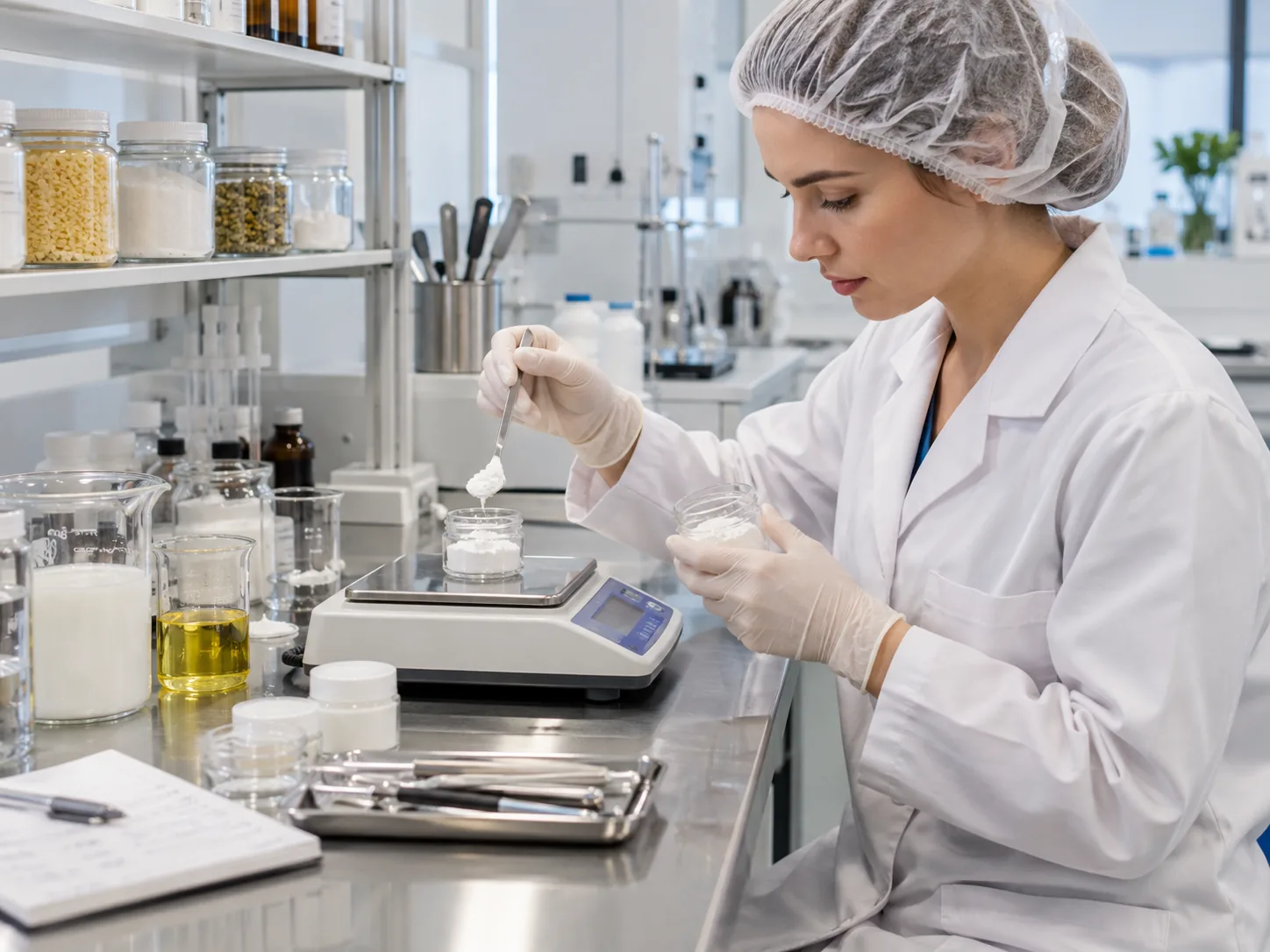 A laboratory technician weighs raw ingredients to make a new skincare sample.