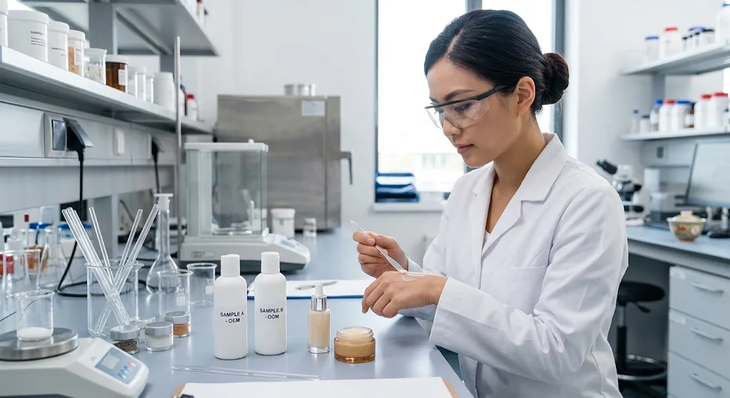 A cosmetic chemist compares cream and serum samples next to unbranded bottles in a laboratory.