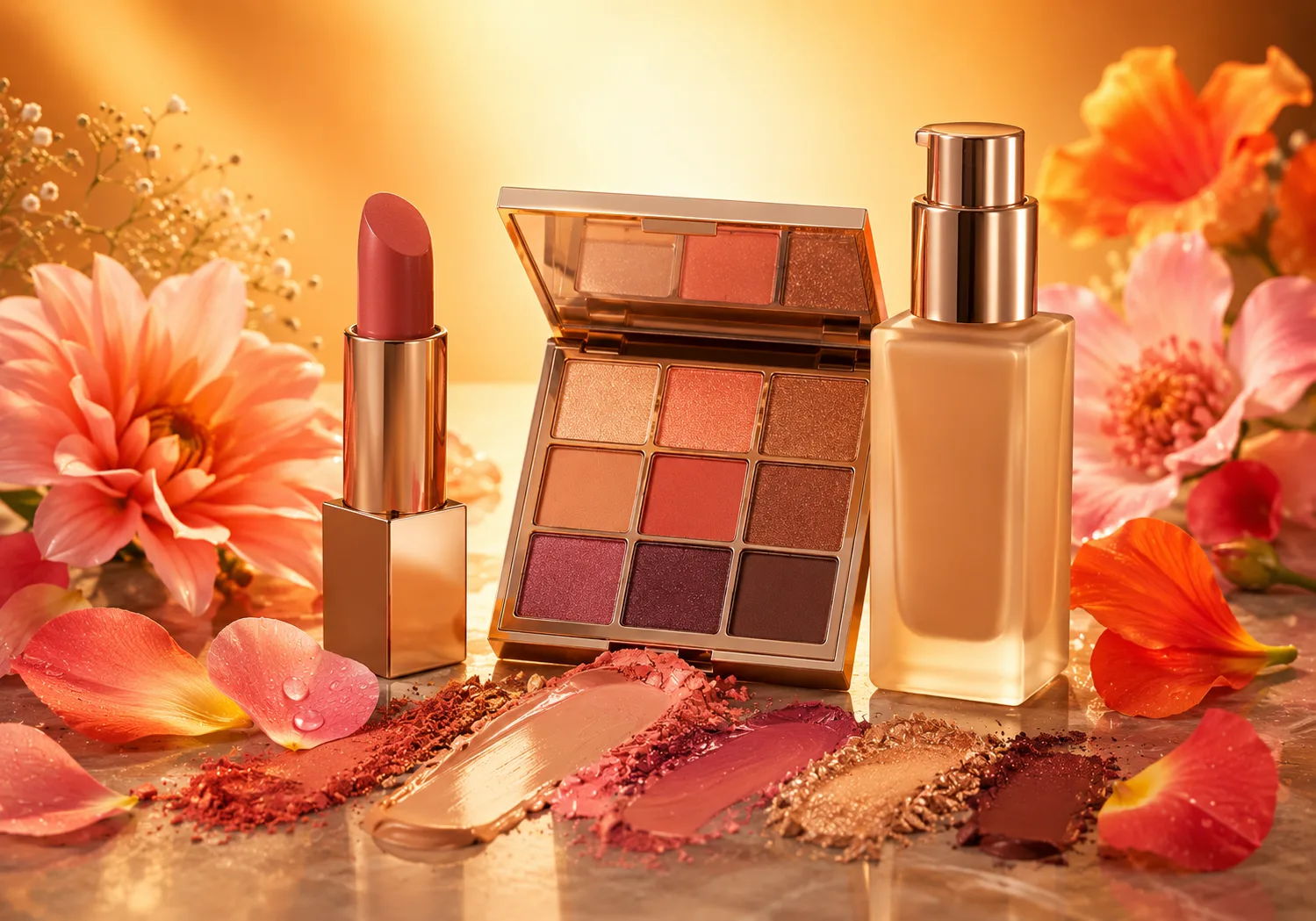 A lipstick, an eyeshadow palette and a foundation bottle arranged among flowers.