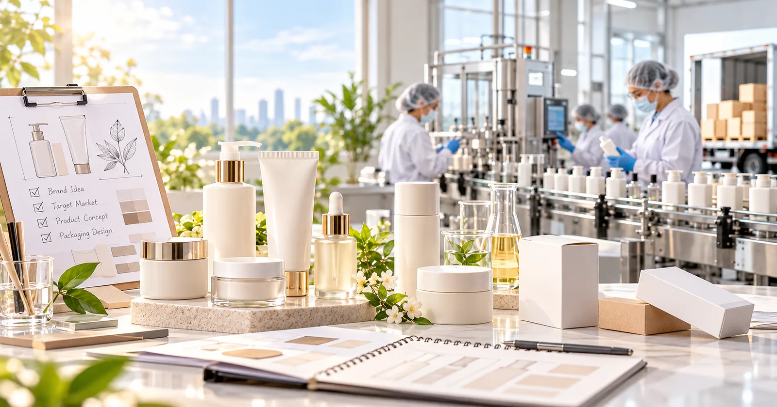 OEM manufacturing of skincare products with cosmetic packaging and a factory production line