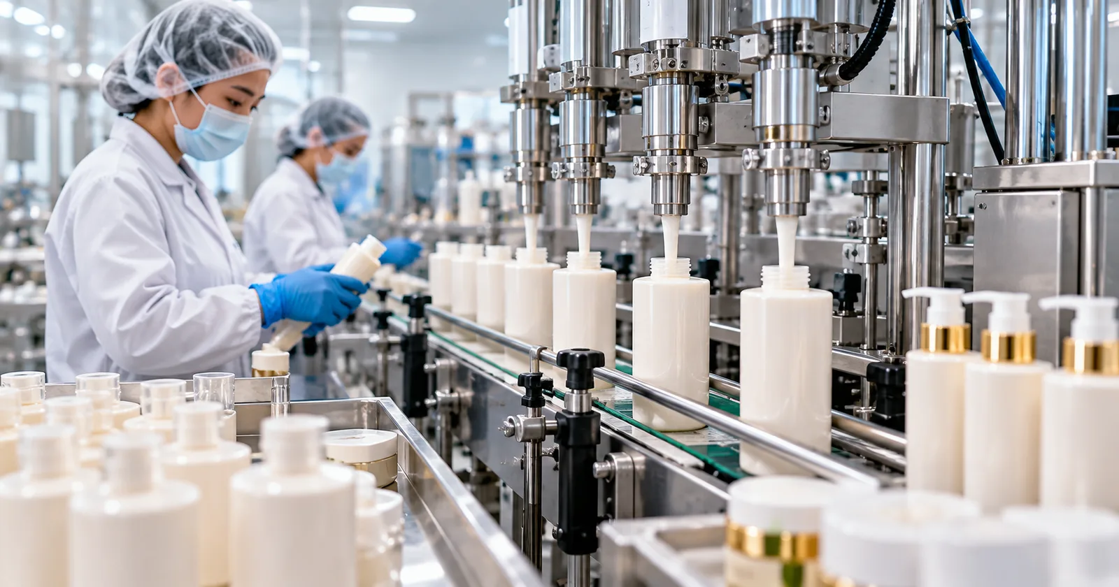 Workers check lotion bottles on a cosmetics filling line in a factory.