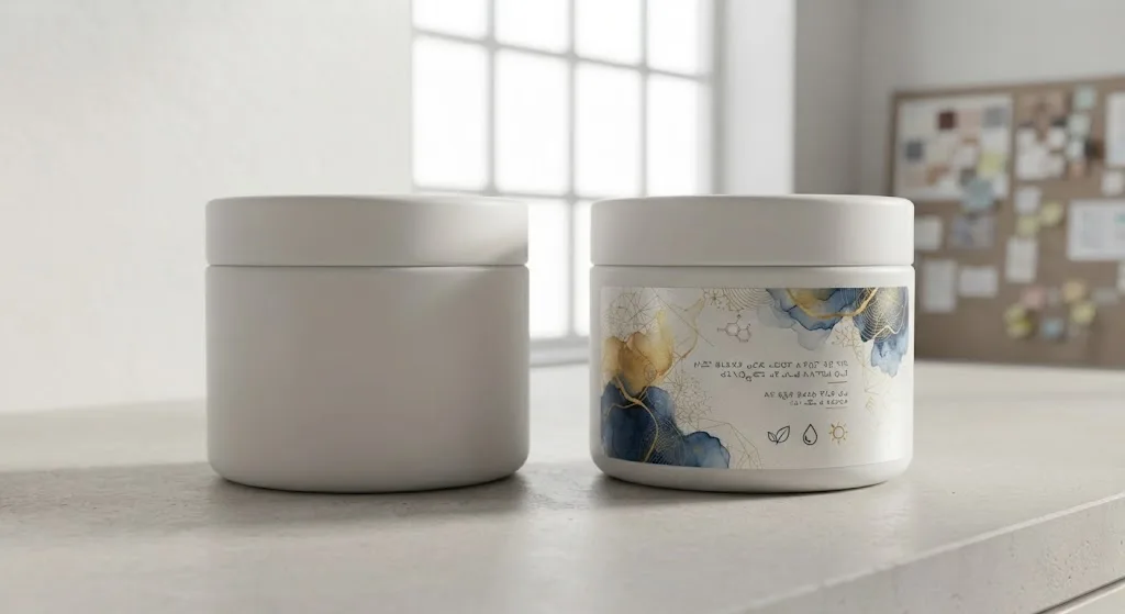 Two skincare jars side by side, one plain and one with a finished printed label.