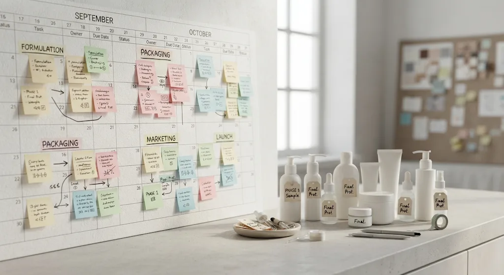 A wall planner showing a product launch schedule beside skincare samples.
