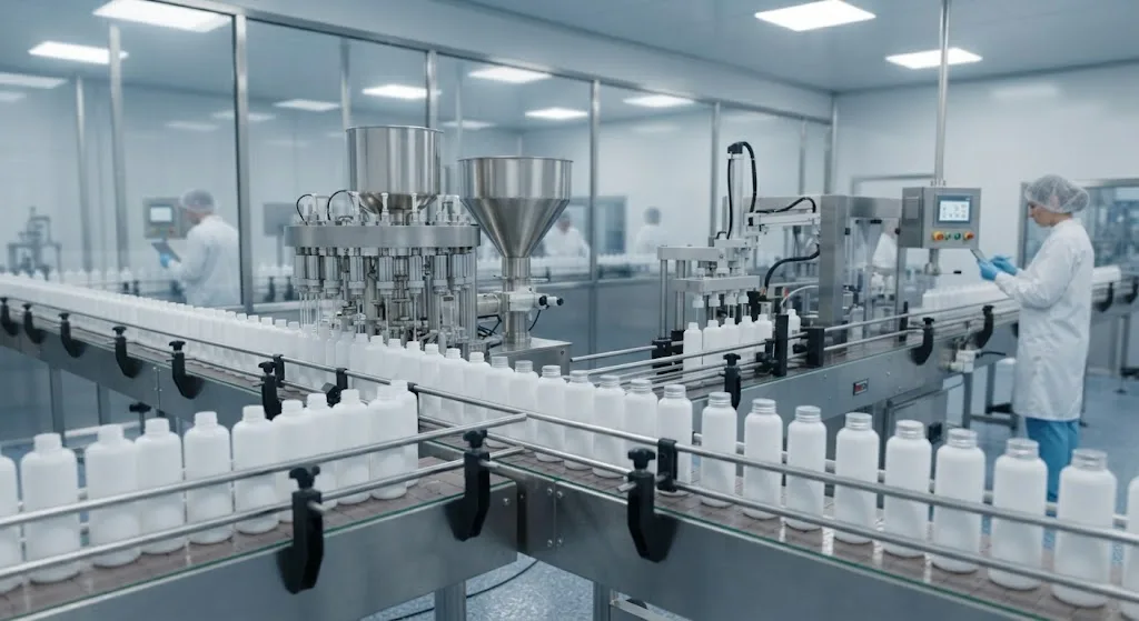 White cosmetic bottles moving along a filling line in a cosmetics factory.
