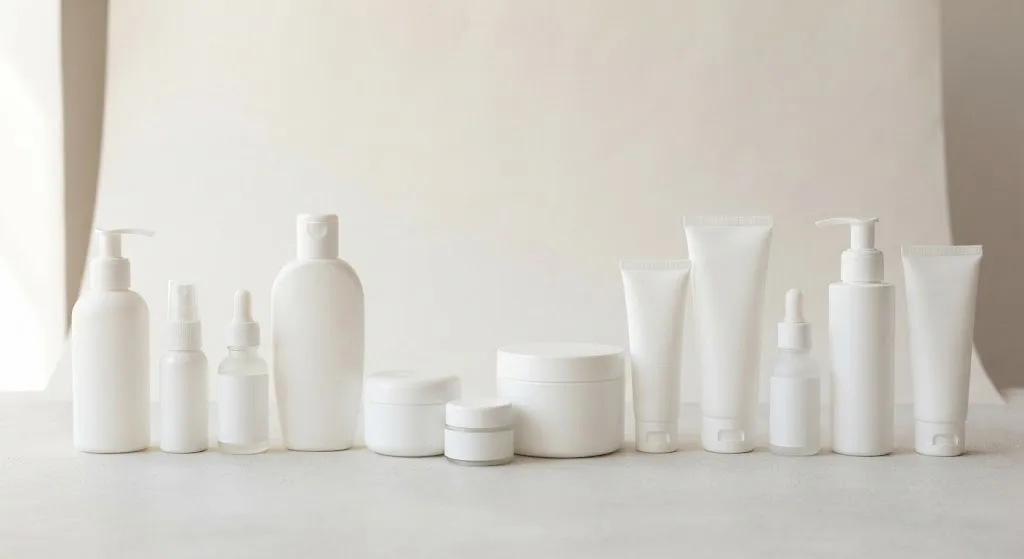 Unbranded skincare bottles, jars and tubes lined up and ready for a brand's labels.